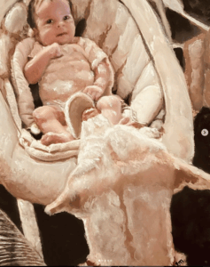 Portrait of dog watching over baby